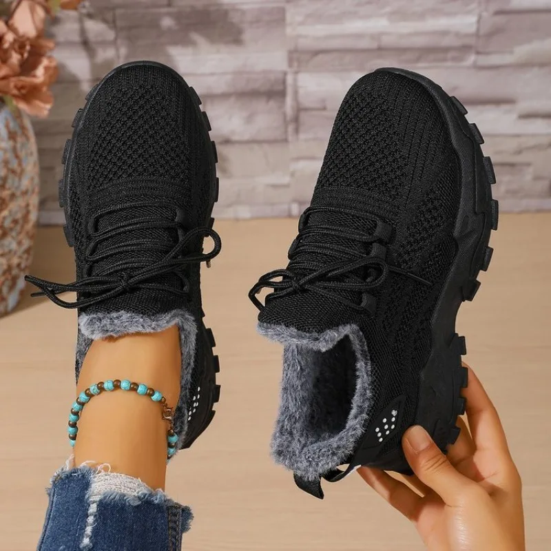 Women Winter Thermal Sneakers - Knit Fabric Lace Up Sneakers ulasan dan harga