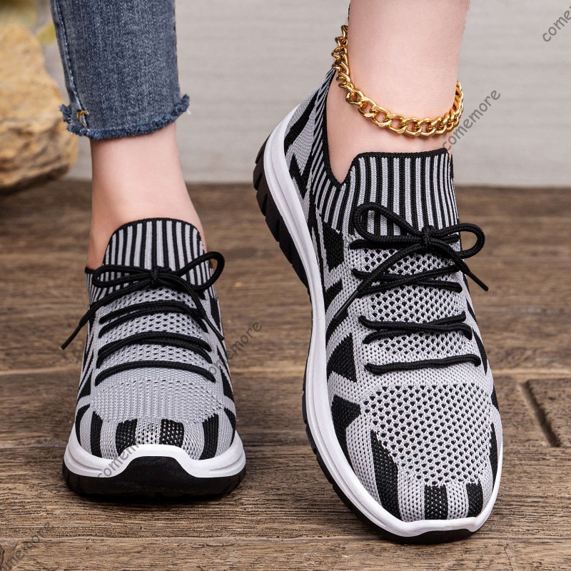 Women's Knit Slip-On Sneakers - Knit Fabric Lace Up Sneakers ulasan dan harga