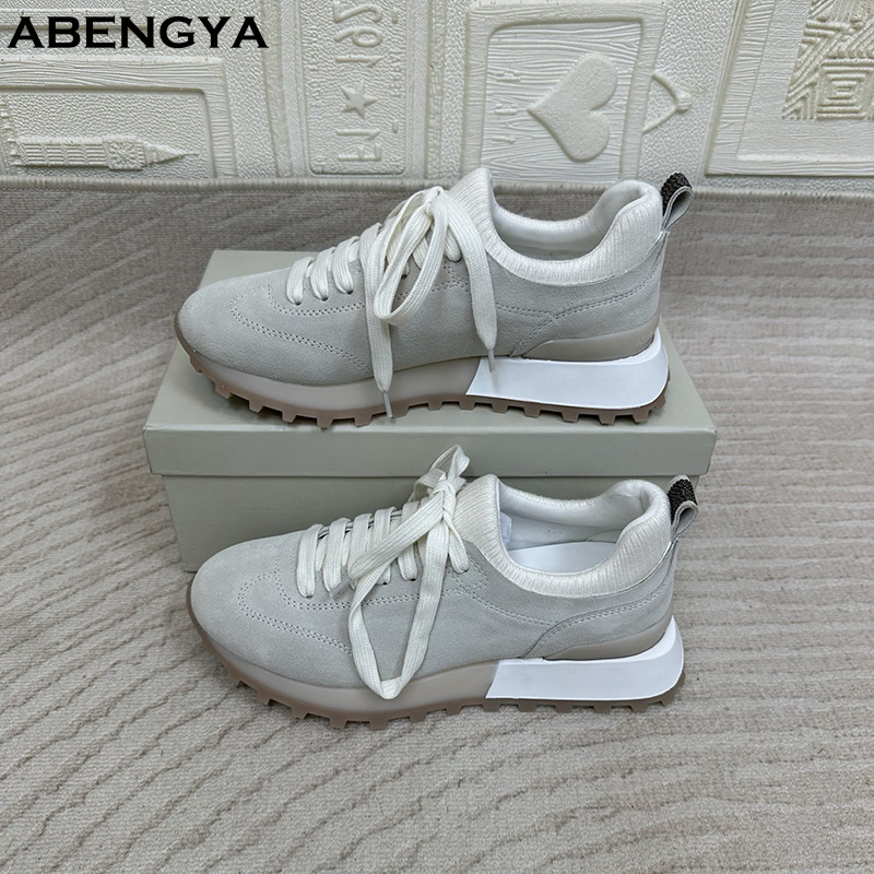 2025 White Knitted Suede Flat - Knit Fabric Lace Up Sneakers ulasan dan harga